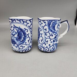 Vintage Takashi Mugs Cobalt Blue And White Set Of 2 Ceramic